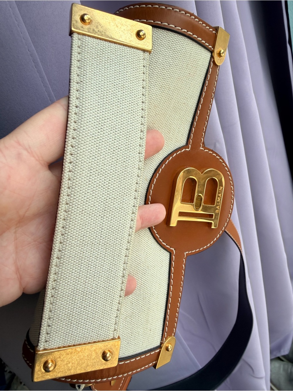 Balmain B-Buzz Cream Canvas and Tan Leather Logo Satchel - Picture 15 of 15